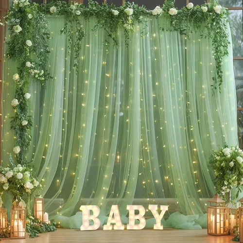 Miniatura 15 de Cortina de telón de fondo de tul negro de 10 x 10 pies con cadena de luces para fiestas, cortinas de fondo de fotos transparentes para bodas