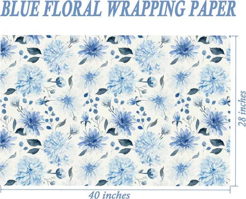 Miniatura 4 de SaringSwoon Papel de regalo floral azul y blanco para mujeres y niñas, envoltura de regalo de acuarela con diseño de flores azules para cumpleaños
