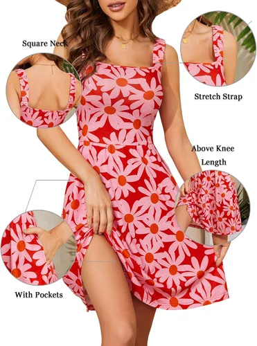 Miniatura 6 de HUHOT Vestido de verano con cuello cuadrado para mujer, con bolsillo, lindo, sin mangas, cintura alta, acampanado, vestido midi