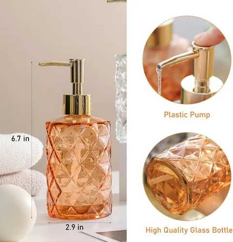 Miniatura 2 de Dispensador de jabón de vidrio naranja con bomba dorada, paquete de 2 dispensadores de jabón para encimera de baño de 12 onzas, dispensador de jabón