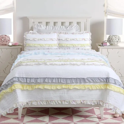 Miniatura 13 de Cozy Line - Juego de edredón de rayas verdes lavanda y puntos morados, 2 piezas, 100% algodón, reversible, para todas las estaciones, con fundas