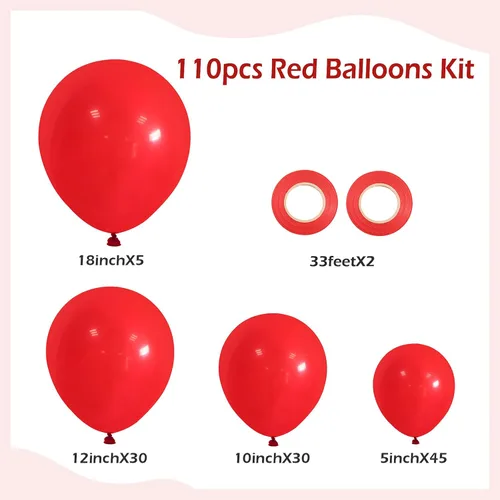 Miniatura 2 de FOTIOMRG Kit de arco de guirnalda de globos rojos de 110 piezas, globos de látex rojos de diferentes tamaños de 18, 12, 10, 5 pulgadas