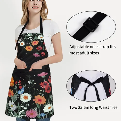 Miniatura 3 de ASPMIZ Delantal floral para adultos, delantal impermeable para mujer con 2 bolsillos, delantales de cocina de flores con correa ajustable