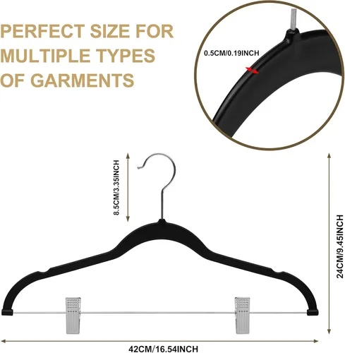 Miniatura 4 de Paquete de 80 perchas de plástico de calidad negra no aterciopeladas, no flocadas, compactas con clips de metal para faldas, pantalones, blusas