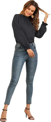 Miniatura 5 de LYANER Blusa de manga larga con volantes y cuello alto para mujer