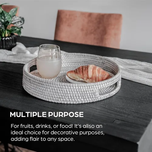 Miniatura 9 de Bandeja redonda de ratán de 12 pulgadas, moderna bandeja tejida con asas para mesa de comedor, sala de estar, decoración de patio, elegante bandeja