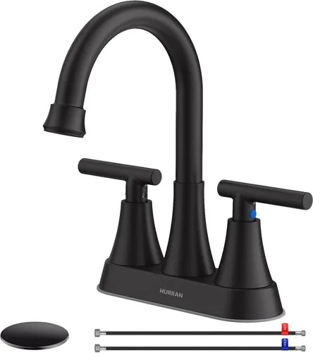 Hurran - Grifos de baño para fregadero de 3 agujeros, 4 pulgadas, color negro mate con drenaje emergente y 2 mangueras de suministro, grifo central