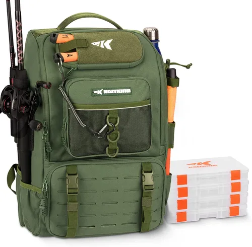 KastKing KarryAll - Mochila para aparejos de pesca con soporte para caña, 4 cajas de aparejos, bolsa de aparejos de 40/26L, almacenamiento de equipo