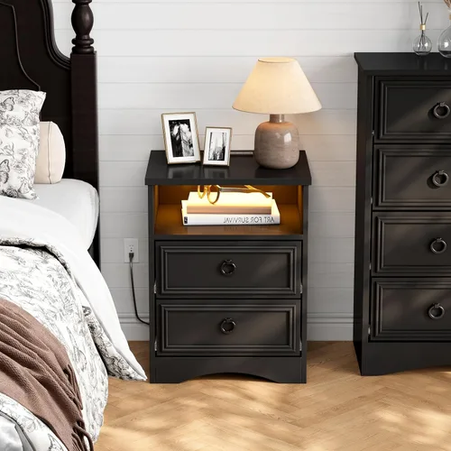 Miniatura 2 de LGHM Juego de 2 mesitas de noche con tira de luces de estación de carga, mesita de noche grande con 2 cajones, mesa auxiliar de cama decorativa