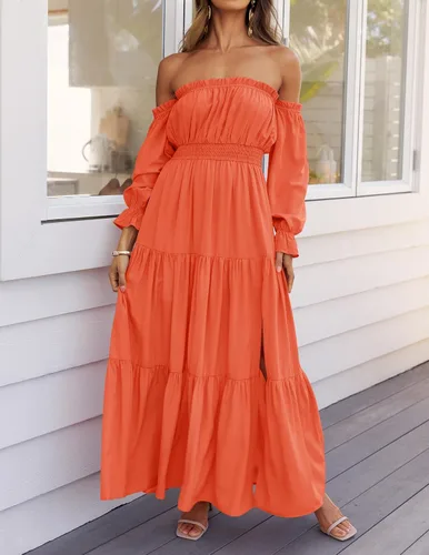 Miniatura 24 de ZESICA - Vestido largo, bohemio y sexy, con hombros descubiertos y manga larga fruncida, con elástico fruncido, cintura alta y abertura lateral