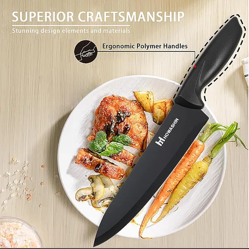 Miniatura 5 de Juego de 6 cuchillos de cocina negros con bloque, acero inoxidable antiadherente, cuchillos antioxidantes para cocinar, rebanar y hornear, perfecto