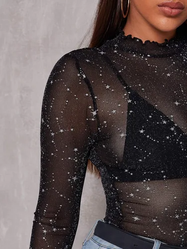 Miniatura 3 de Floerns - Blusas de malla transparente con estrellas de manga larga con cuello alto para mujer