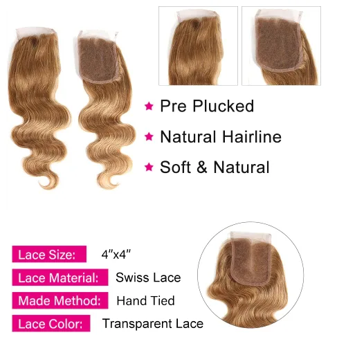 Miniatura 5 de X-TRESS Cabello humano con cierre rubio miel 4x4, prearrancado con abuelitos, encaje transparente 4x4, parte libre blanqueada, cabello natural