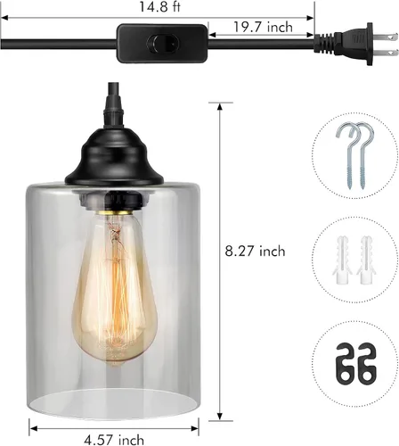 Miniatura 2 de Lámpara colgante de cristal con enchufe de 1 luz, mini iluminación colgante industrial con pantalla de vidrio, lámpara colgante ajustable de granja
