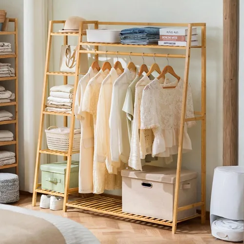 Miniatura 9 de Percheros de madera para colgar ropa, estante de ropa de bambú con estantes, organizador de armario con zapatero, para pasillo, sala de estar