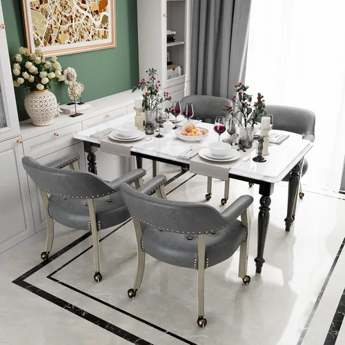 Miniatura 35 de Juego de 8 sillas de cuero de comedor con ruedas y brazos, silla de capitán Accent con ruedas, sillas de madera con ruedas enrollables para cocina