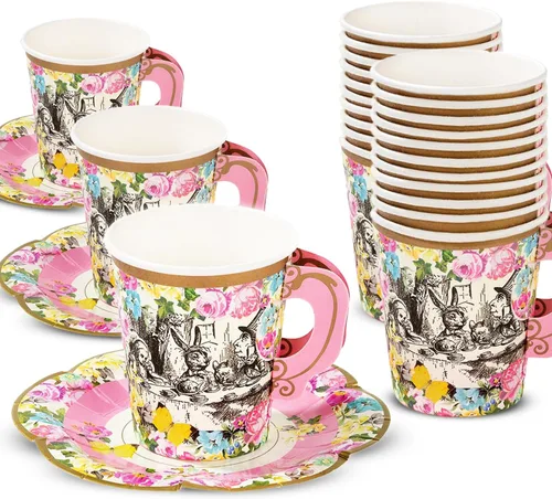 Set de tazas con manija y plato Truly Alice del Sombrerero Loco de Alicia en el país de las maravillas, en 3 diseños para fiesta de té o cumpleaños,