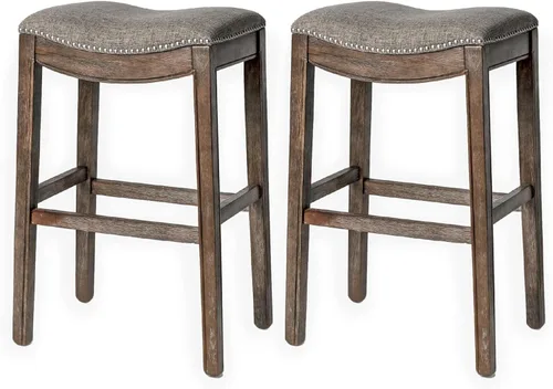 Miniatura 31 de Maven Lane Adrien Taburete de bar sin espalda, asiento de silla de montar de 31 pulgadas con reposapiés, marco de madera maciza gris y tapicería