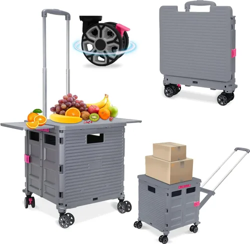 Miniatura 12 de FELICON SELORSS Carro de Utilidad Plegable Carro de Mano Plegable con Mango Telescópico de Plástico Resistente Cesta Plegable de 4 Ruedas Giratorias