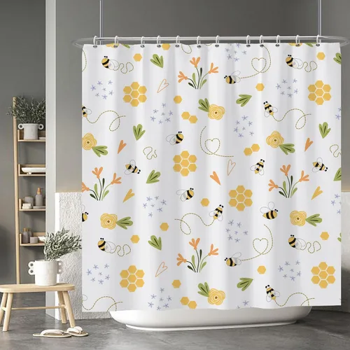 Miniatura 21 de Baocicoo - Cortina de ducha de abeja de miel, diseño de abeja de caricaturas, pista voladora, rústica, floral, para baño, decoración de bañera