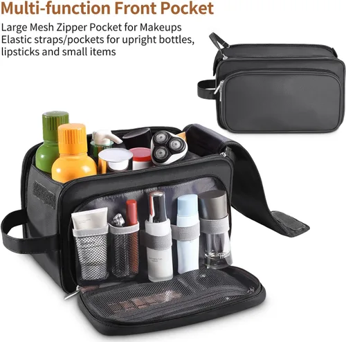 Miniatura 3 de Neceser grande para hombres, organizador de artículos de tocador de viaje de cuero PU, kit Dopp, bolsa de afeitar resistente al agua para artículos