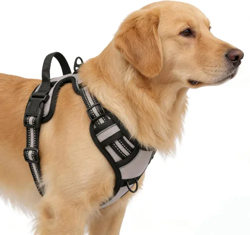 Miniatura 5 de Arnés gris sin tirones para perro con 2 clips para correa, chaleco acolchado suave para perros grandes, chaleco reflectante ajustable para perro