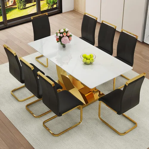 Miniatura 27 de Juego de Mesa de Comedor Negra para 6, Mesa de Comedor de Mármol Falso de 71" para 6, Juego de Mesa de Cocina Rectangular con Sillas de Cuero PU