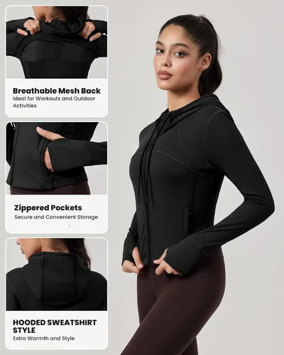 Miniatura 4 de QUEENIEKE Chaqueta de entrenamiento para mujer, con cremallera completa, sudadera con capucha para correr, ajustada, para yoga, recortada