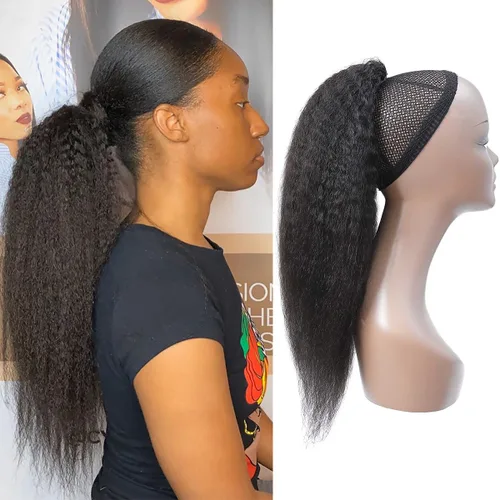 Miniatura 11 de Cola de caballo de cabello humano rizado con cordón brasileño Remy Extensin 3C Kinky Curly Hair Clip en pieza de pelo color natural sedoso suave 10