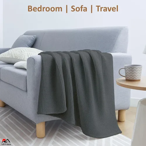 Miniatura 5 de ARlinen Manta de cama de gofres, 100% algodón, suave, ligera, transpirable, manta térmica para todas las estaciones, tamaño King, gris oscuro