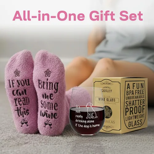 Miniatura 2 de Divertidos copas de vino + calcetines de vino – Copa de vino irrompible de 16 onzas sin tallo con refranes y calcetines peludos para niña "If You