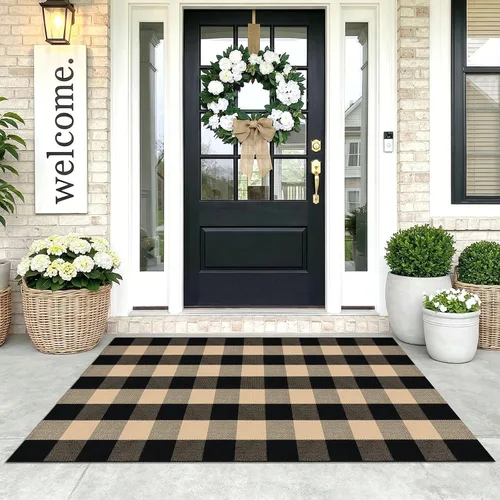 Miniatura 12 de KOZYFLY - Alfombras de área a cuadros de búfalo de 2x3 pies, alfombra a cuadros en negro y blanco lavable, alfombra de puerta delantera tejida a