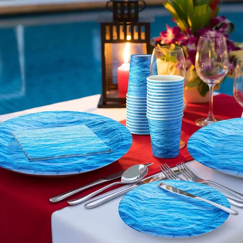 Miniatura 6 de 200 piezas de suministros para fiesta del océano, juego de vajilla con diseño de olas del océano, platos impresos, servilletas, tazas, decoraciones