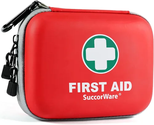 SuccorWare Mini kit de primeros auxilios de 150 piezas, kit médico pequeño con carcasa dura, kit de primeros auxilios de emergencia para automóvil,