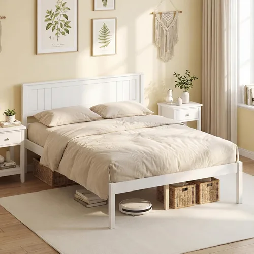 Miniatura 11 de Giantex Base de cama individual con cabecero, cama de plataforma de madera maciza con soporte de listones de madera, cama individual