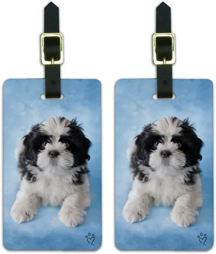 Shih Tzu - Etiquetas de identificación para equipaje (2 unidades), diseño de perro, color blanco y negro