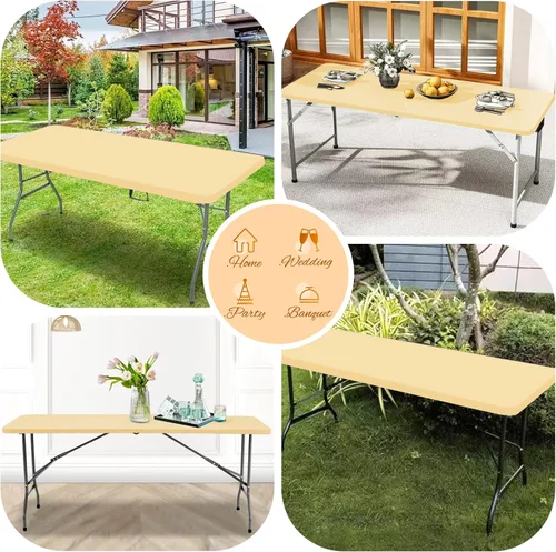 Miniatura 7 de Paquete de 6 fundas de tela elástica para mesa, color beige, para mesas de 8 pies, protector de mantel rectangular universal lavable y elástico