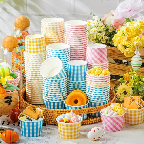 Miniatura 2 de Gerrii 60 vasos de papel desechables de 9 onzas, tazas de helado a granel, suministros de fiesta de cuadros de búfalo, taza de papel