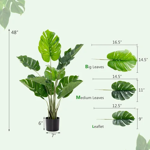 Miniatura 6 de GOFLAME Planta artificial Monstera Deliciosa, árbol sintético en maceta de 4 pies con 10 hojas falsas verdes, planta de queso suizo para decoración