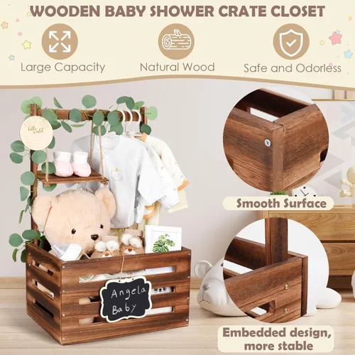Miniatura 5 de Caja de madera para baby shower con asa y guirnalda, cestas de gran capacidad para baby shower, cestas de baby shower de fácil montaje