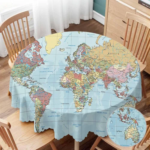 Yibeas Mantel Redondo - Mapa Mundial Vintage Azul Global de Viaje, Mantel de 60 Pulgadas para Mesas Redondas Pequeñas Mapa político del mundo