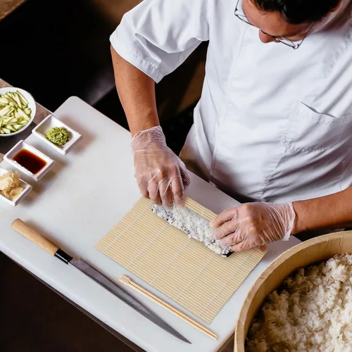 Miniatura 6 de Hoolerry 12 alfombrillas de sushi a granel de bambú para hacer sushi rodillo antiadherente cuadrado para suministros de fiesta en el hogar, 9.5 x