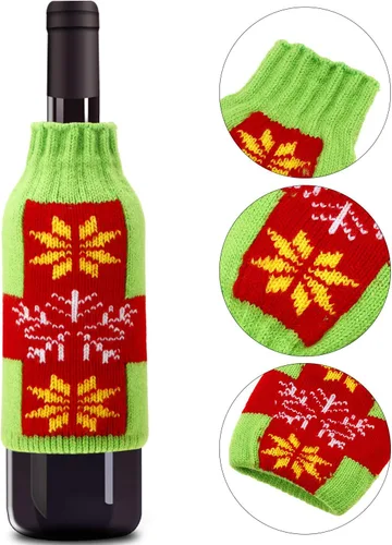 Miniatura 7 de Boao 6 juegos de fundas navideñas para botellas de vino y sombreros, decoración hecha a mano, suéter feo, vestido de botella de vino, vestido