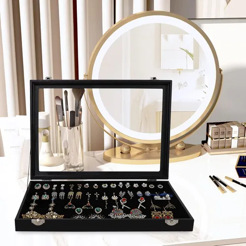 Miniatura 2 de Wuligirl - Bandeja organizadora de anillos con 100 ranuras y tapa transparente, organizador apilable de joyas como aretes, collares y anillos