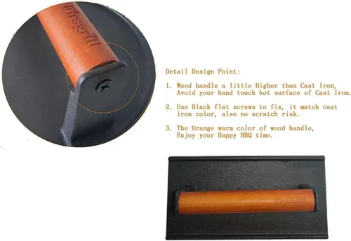 Miniatura 3 de Firsgrill Prensa para parrilla de hierro fundido resistente de 8.3"×4.3" y peso para bistec con mango de madera de agarre cómodo que no se calienta