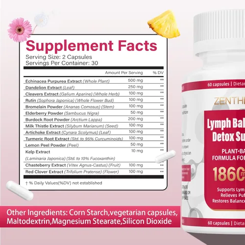 Miniatura 5 de Suplementos de drenaje linfático, suplemento de apoyo del sistema linfático de 1860 mg para mujeres con diente de león, bardana, equinácea, rutina