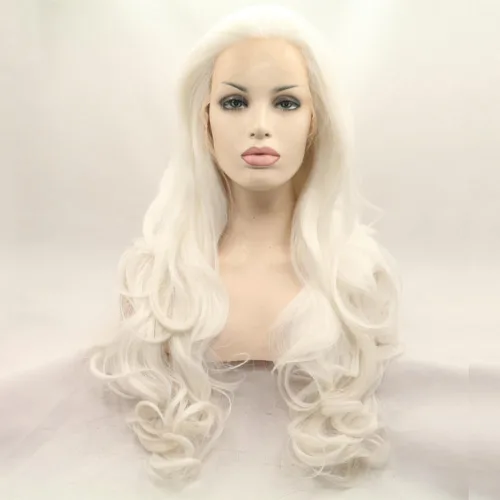 Miniatura 10 de 1001 #Color sintético rubio blanco encaje frente pelucas para mujeres pelo rubio platino largo cuerpo onda peluca resistente al calor fibra larga