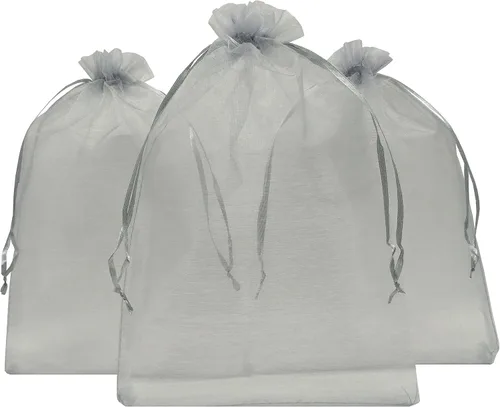 Ankirol 50 bolsas de organza transparente, 12 x 16 bolsas grandes de organza con cordón (gris plateado)