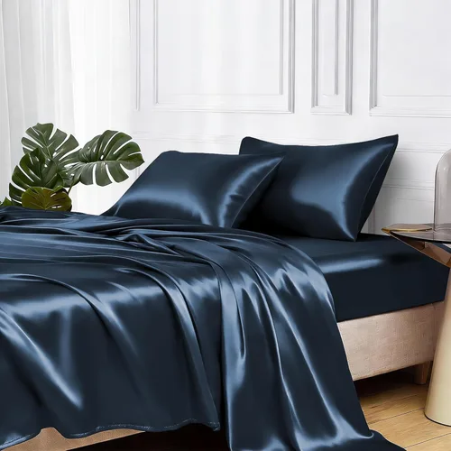 Miniatura 61 de MR&HM Sábanas de satén para cama de tamaño King, juego de 4 piezas de ropa de cama sedosa con bolsillo profundo de 15 pulgadas para colchón