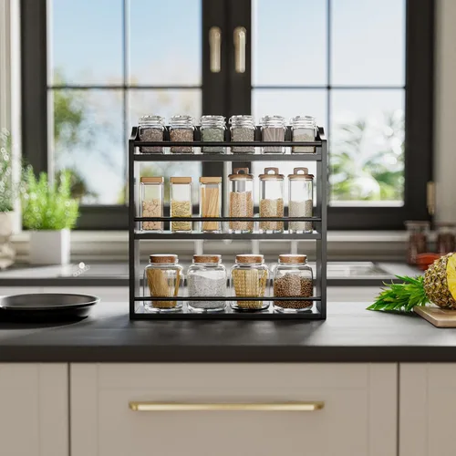 Miniatura 2 de STELLSTAR Estante de bambú para especias, soporte de pared o mesa, estante de 3 niveles para organizador de botellas de condimentos, soporte